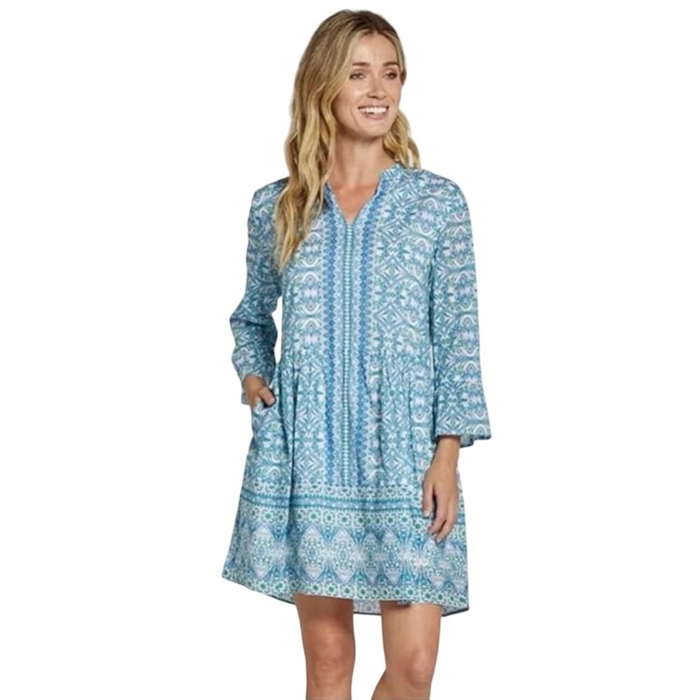 Jude Connally Faith Blue Cotton Voile Italian Tile Claret Dress 107605 Small